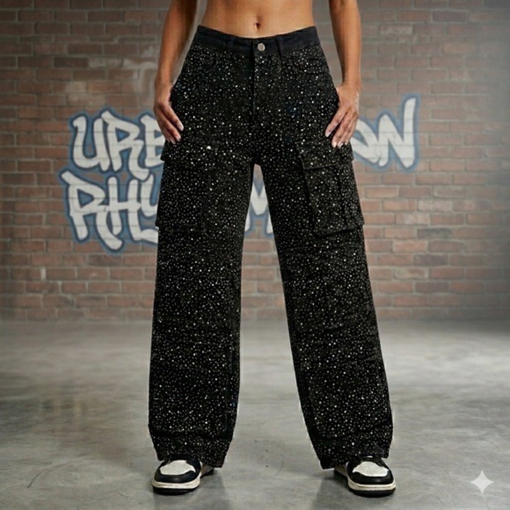 Balboa Takeya Rhinestone Cargo Pants Black Wide Leg Small NWT Sparkly Utility